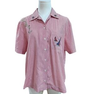 Vintage Nautical Sailboat Shirt Red White Stripe Coastal Button Up M